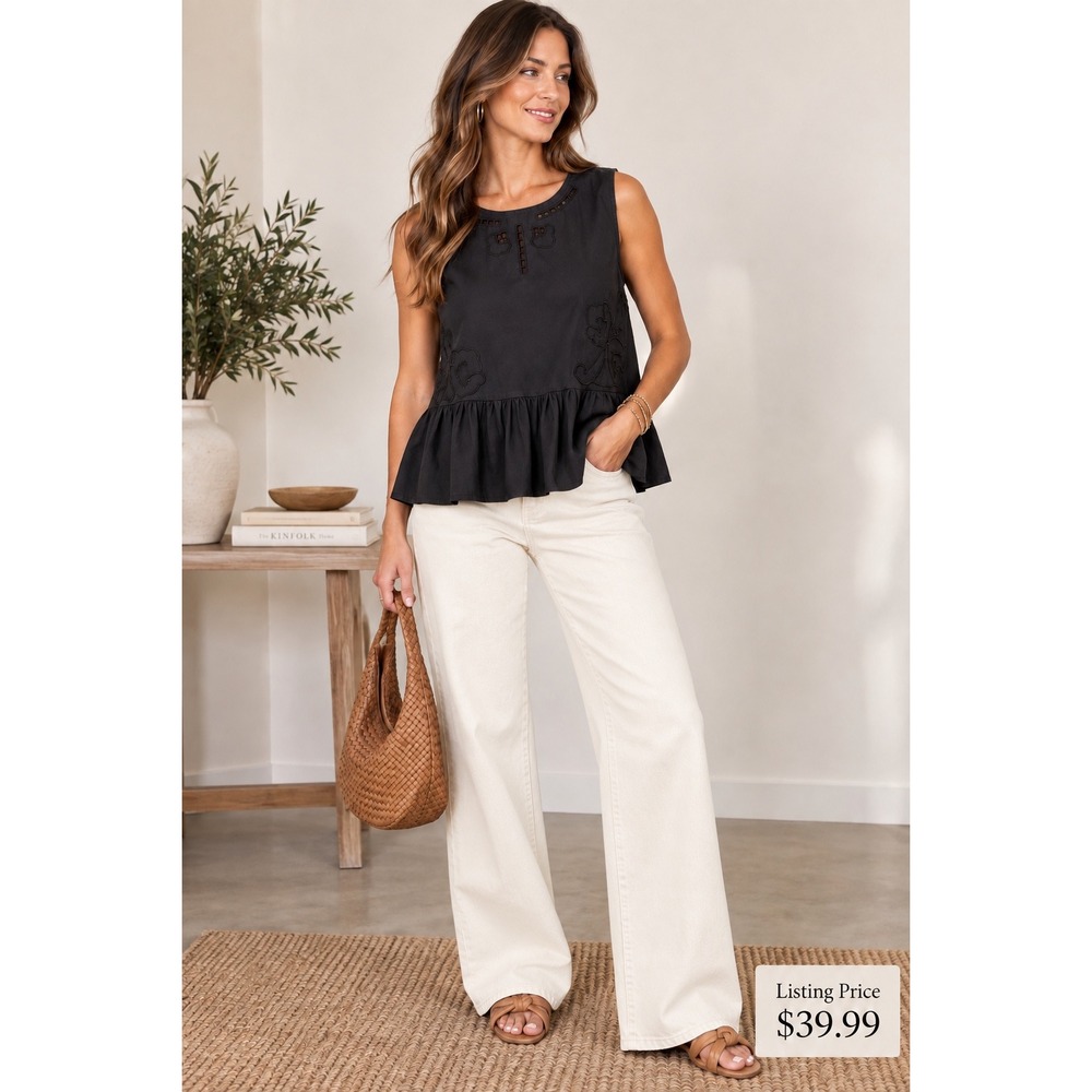 Madewell Black Cotton Peplum Top Embroidered Eyelet Boho Minimalist L